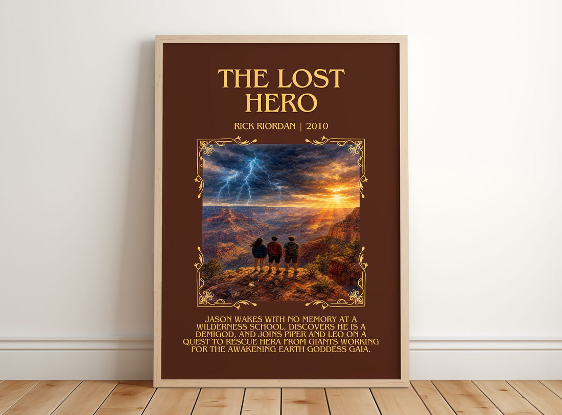 The Lost Hero Minimalist Book Poster by Rick Riordan – framed print leaning on a wooden floor