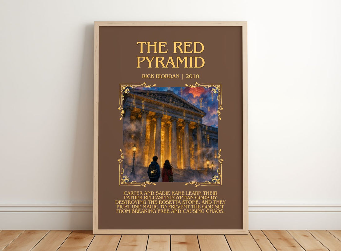 The Red Pyramid Minimalist Book Poster by Rick Riordan – framed print leaning on a wooden floor