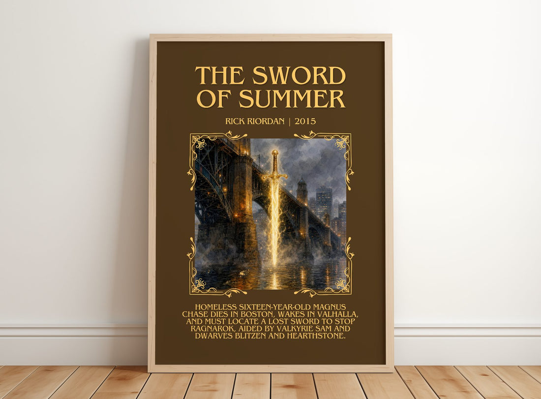 The Sword of Summer Minimalist Book Poster by Rick Riordan – framed print leaning on a wooden floor