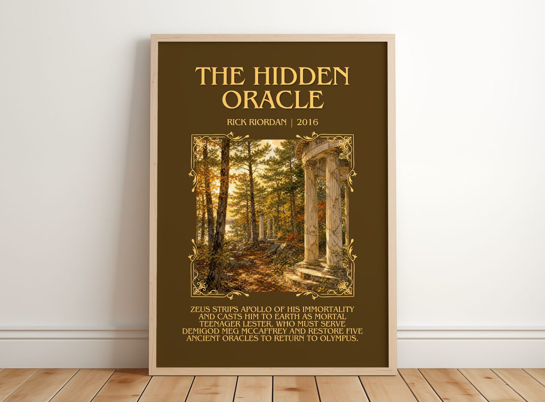 The Hidden Oracle Minimalist Book Poster by Rick Riordan – framed print leaning on a wooden floor