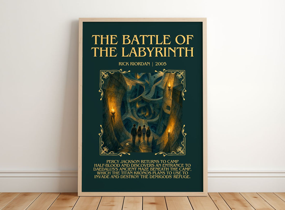 The Battle of the Labyrinth Minimalist Book Poster by Rick Riordan – framed print leaning on a wooden floor