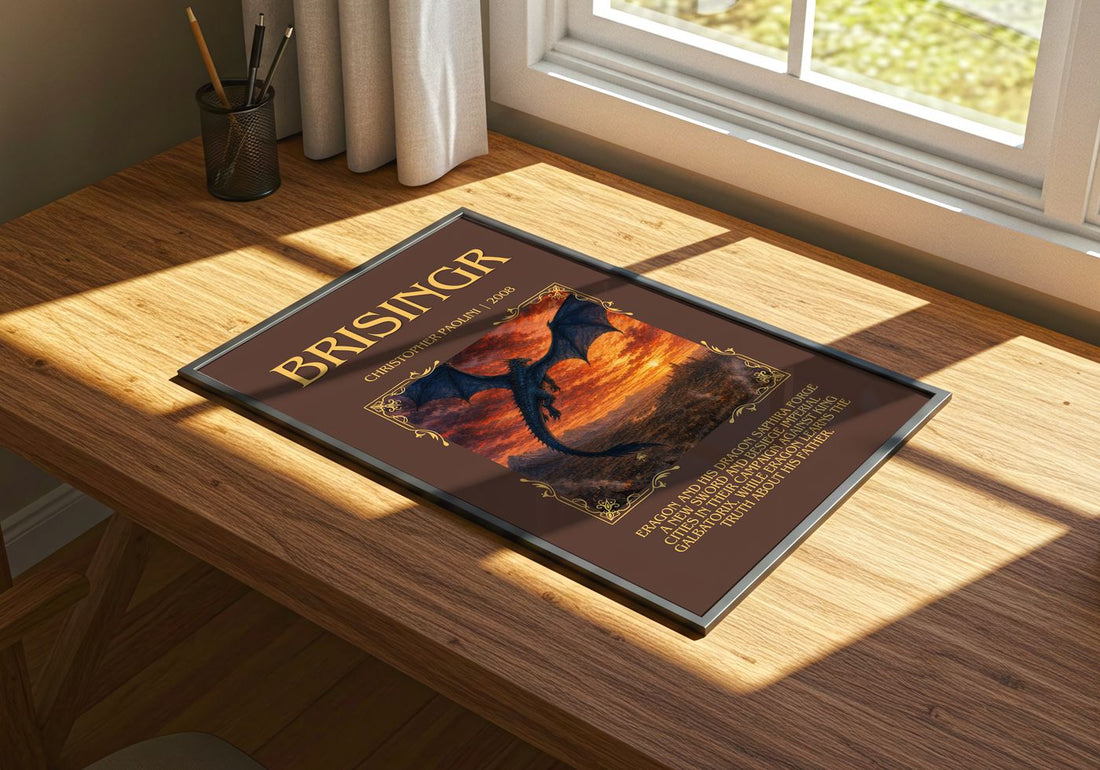 Brisingr Minimalist Book Poster by Christopher Paolini – print on a sunlit desk