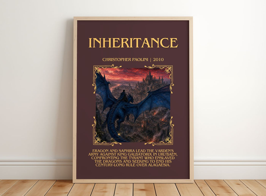 Inheritance Minimalist Book Poster by Christopher Paolini – framed print leaning on a wooden floor