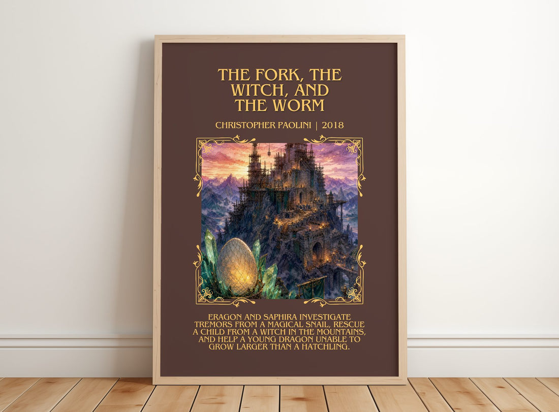 Fork, the Witch, and the Worm Minimalist Book Poster by C. Paolini – framed print leaning on a wooden floor