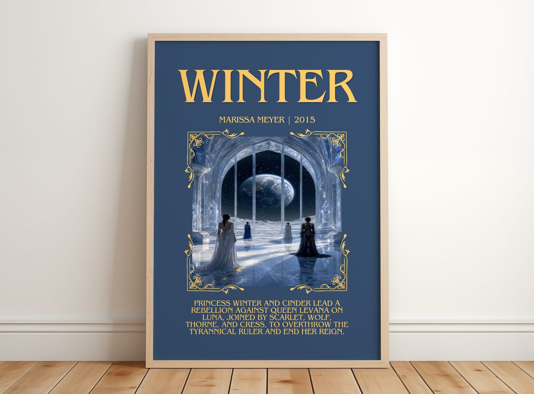 Winter Minimalist Book Poster by Marissa Meyer – framed print leaning on a wooden floor