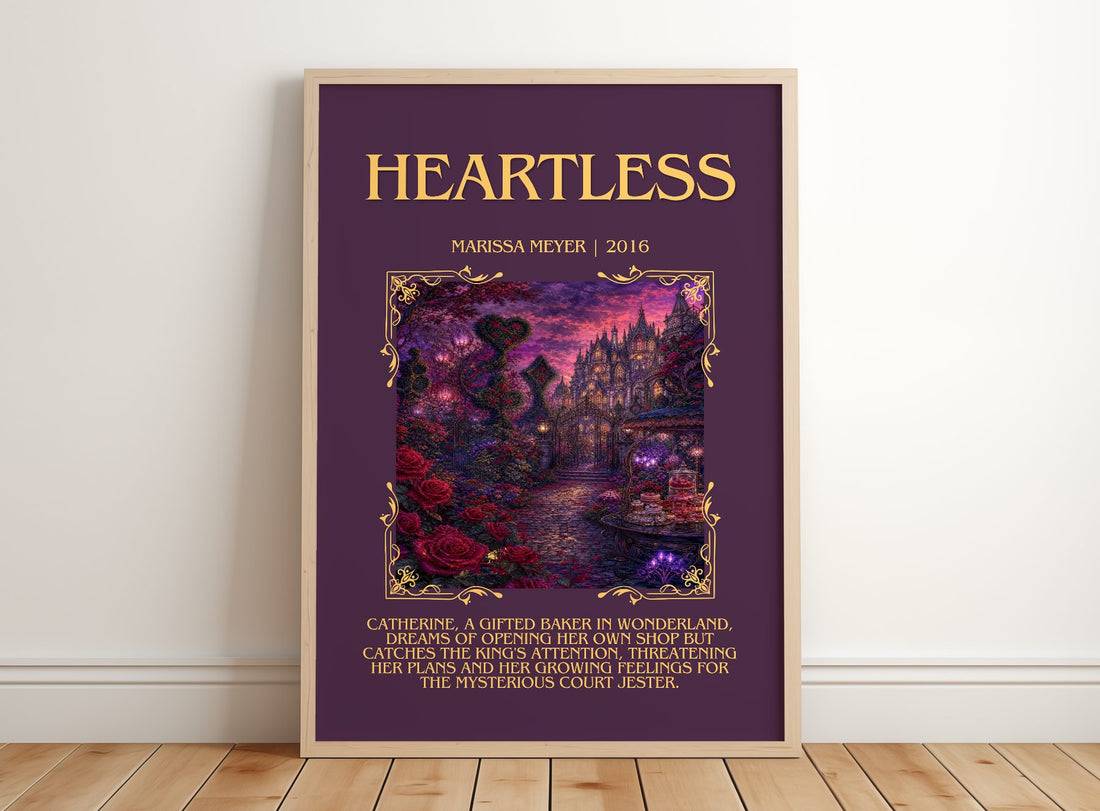 Heartless Minimalist Book Poster by Marissa Meyer – framed print leaning on a wooden floor