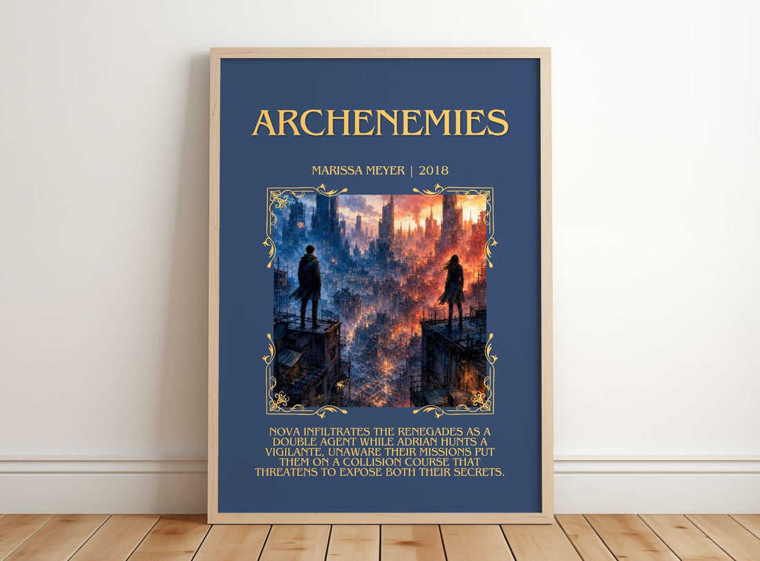 Archenemies Minimalist Book Poster by Marissa Meyer – framed print leaning on a wooden floor