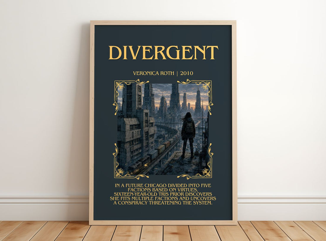 Divergent Minimalist Book Poster by Veronica Roth – framed print leaning on a wooden floor