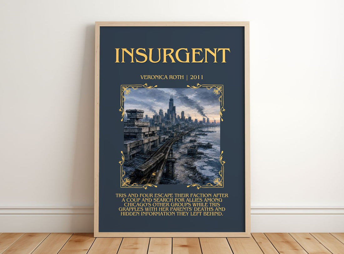 Insurgent Minimalist Book Poster by Veronica Roth – framed print leaning on a wooden floor