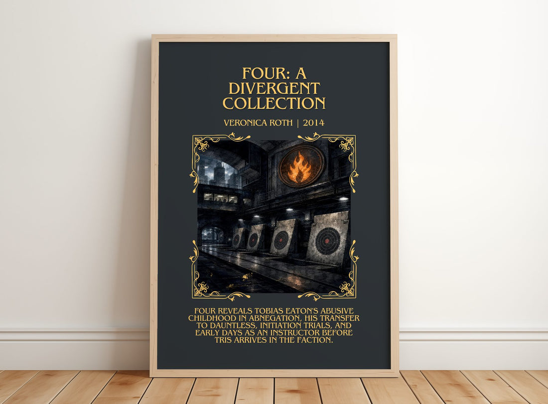 Four: A Divergent Collection Minimalist Book Poster by Veronica Roth – framed print leaning on a wooden floor