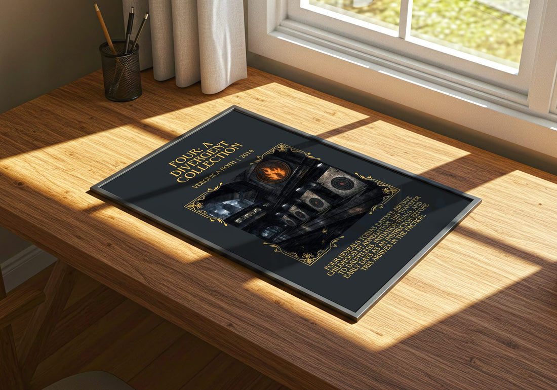 Four: A Divergent Collection Minimalist Book Poster by Veronica Roth – print on a sunlit desk