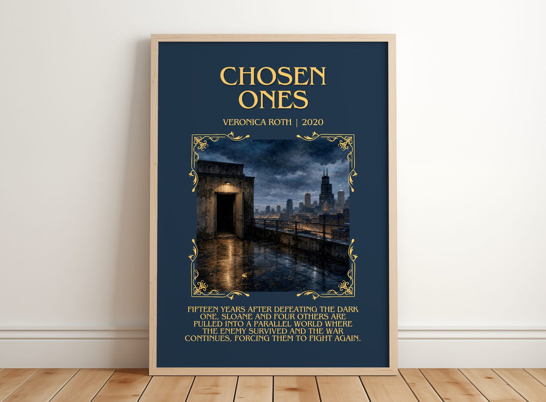 Chosen Ones Minimalist Book Poster by Veronica Roth – framed print leaning on a wooden floor