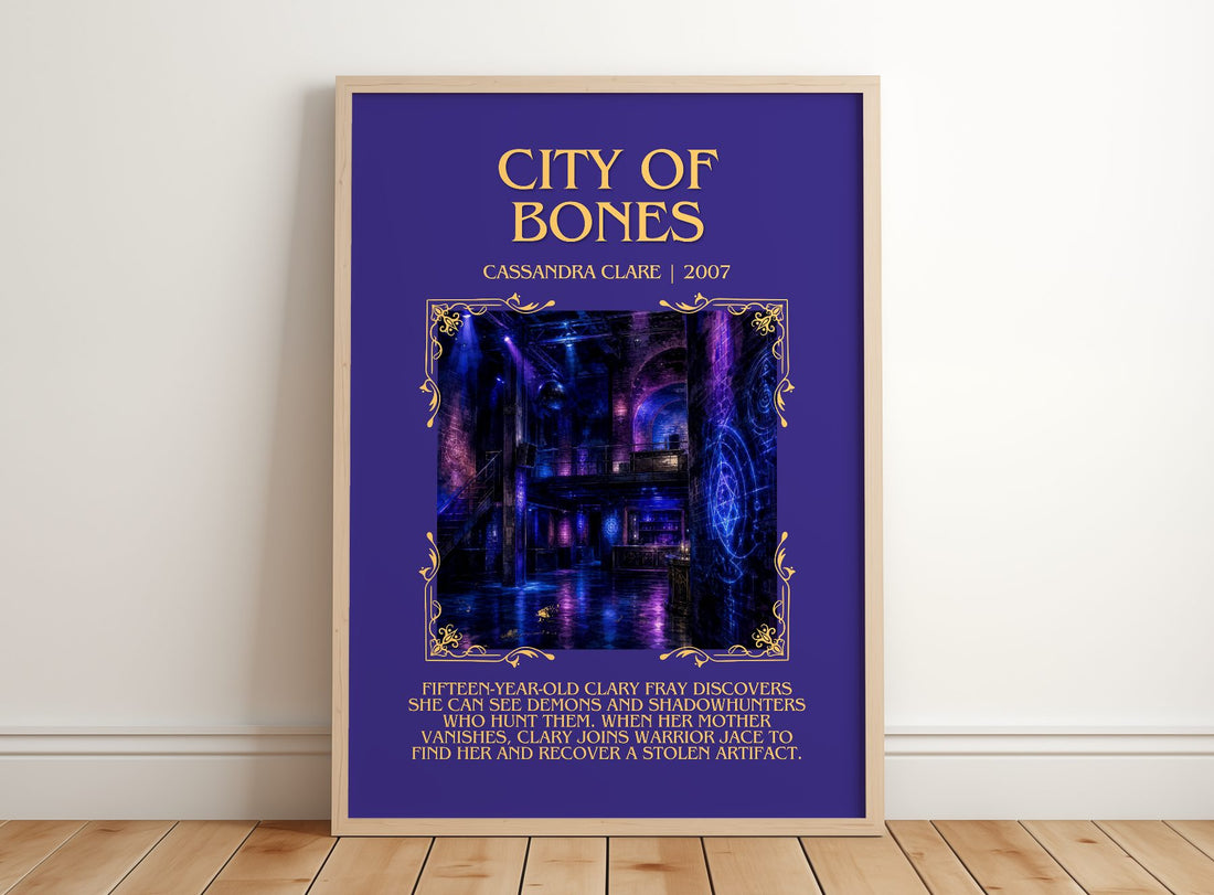 City of Bones Minimalist Book Poster by Cassandra Clare – framed print leaning on a wooden floor