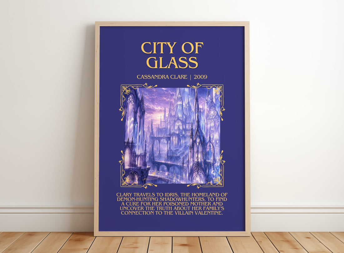 City of Glass Minimalist Book Poster by Cassandra Clare – framed print leaning on a wooden floor