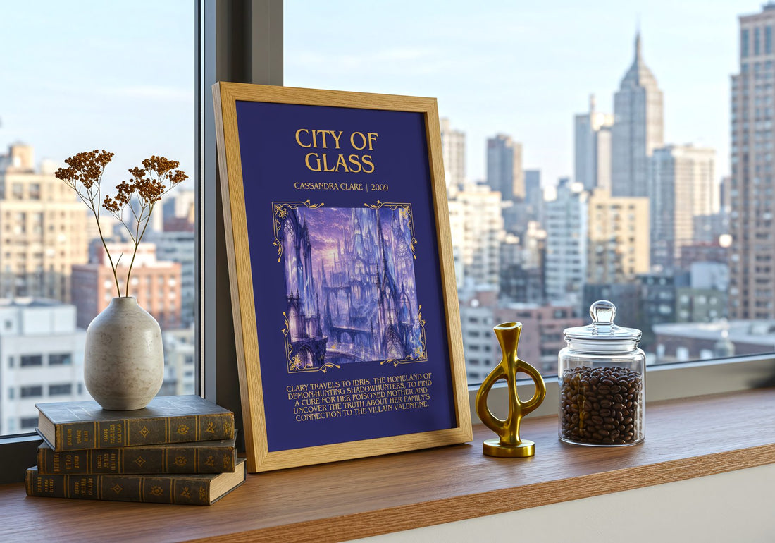 City of Glass Minimalist Book Poster by Cassandra Clare – framed print on a city-view windowsill