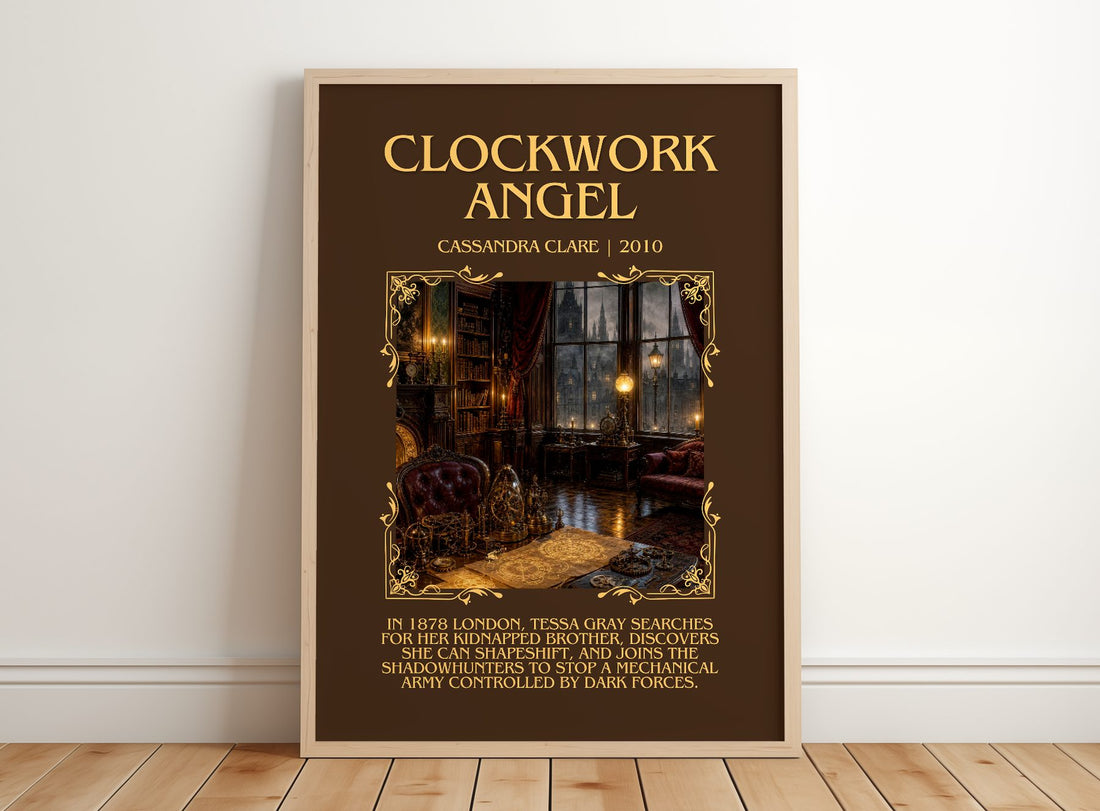 Clockwork Angel Minimalist Book Poster by Cassandra Clare – framed print leaning on a wooden floor