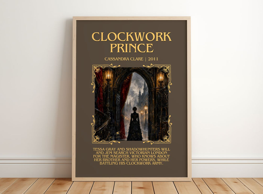 Clockwork Prince Minimalist Book Poster by Cassandra Clare – framed print leaning on a wooden floor