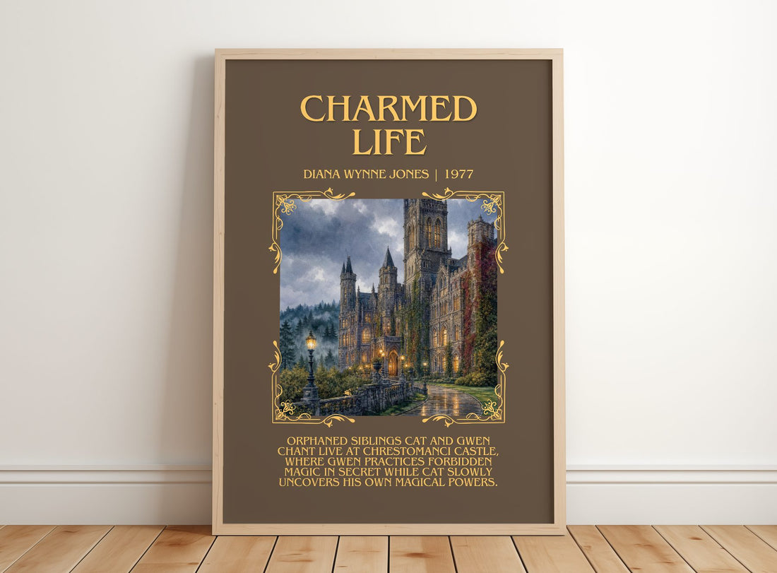 Charmed Life Minimalist Book Poster by Diana Wynne Jones – framed print leaning on a wooden floor