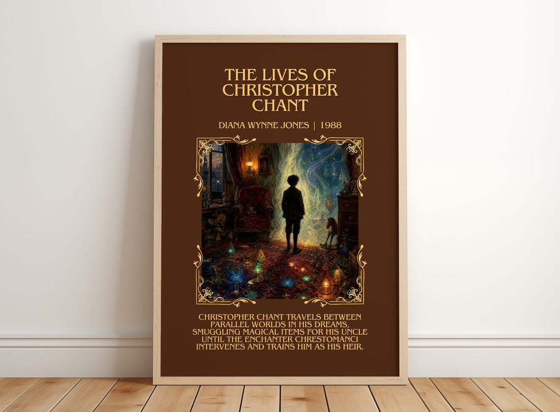 Lives of Christopher Chant Minimalist Book Poster by Diana Wynne Jones – framed print leaning on a wooden floor