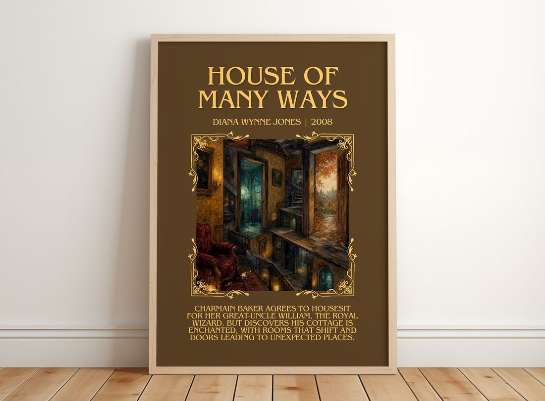 House of Many Ways Minimalist Book Poster by Diana Wynne Jones – framed print leaning on a wooden floor