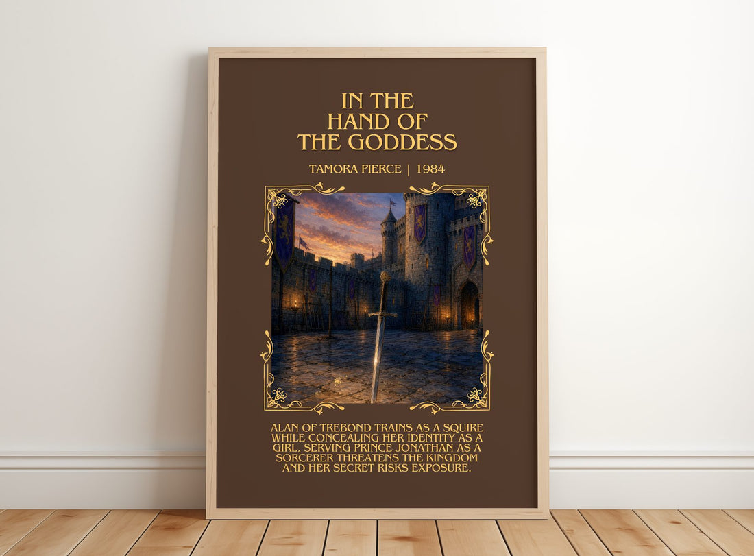 In the Hand of the Goddess Minimalist Book Poster by Tamora Pierce – framed print leaning on a wooden floor