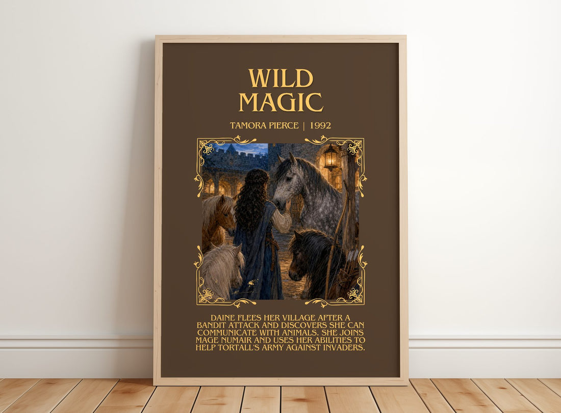 Wild Magic Minimalist Book Poster by Tamora Pierce – framed print leaning on a wooden floor