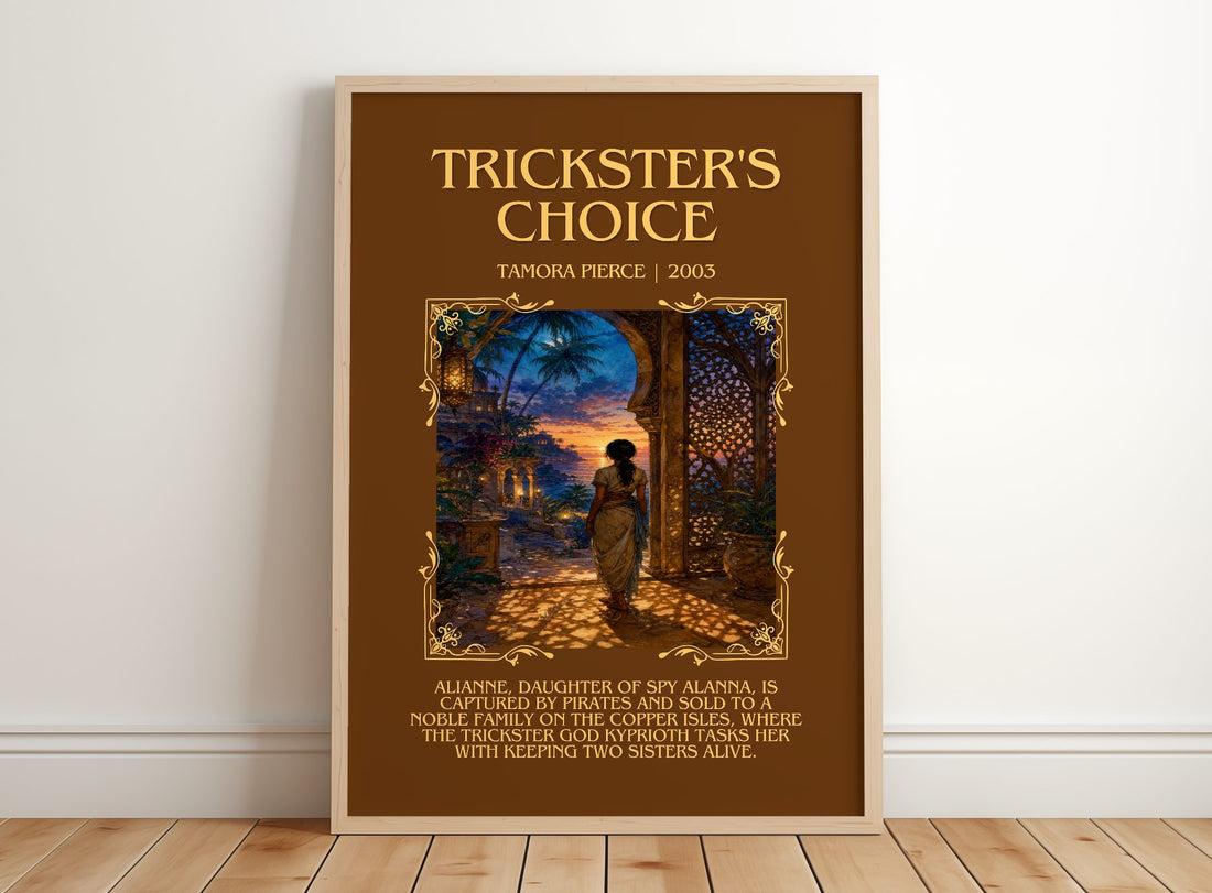 Trickster's Choice Minimalist Book Poster by Tamora Pierce – framed print leaning on a wooden floor