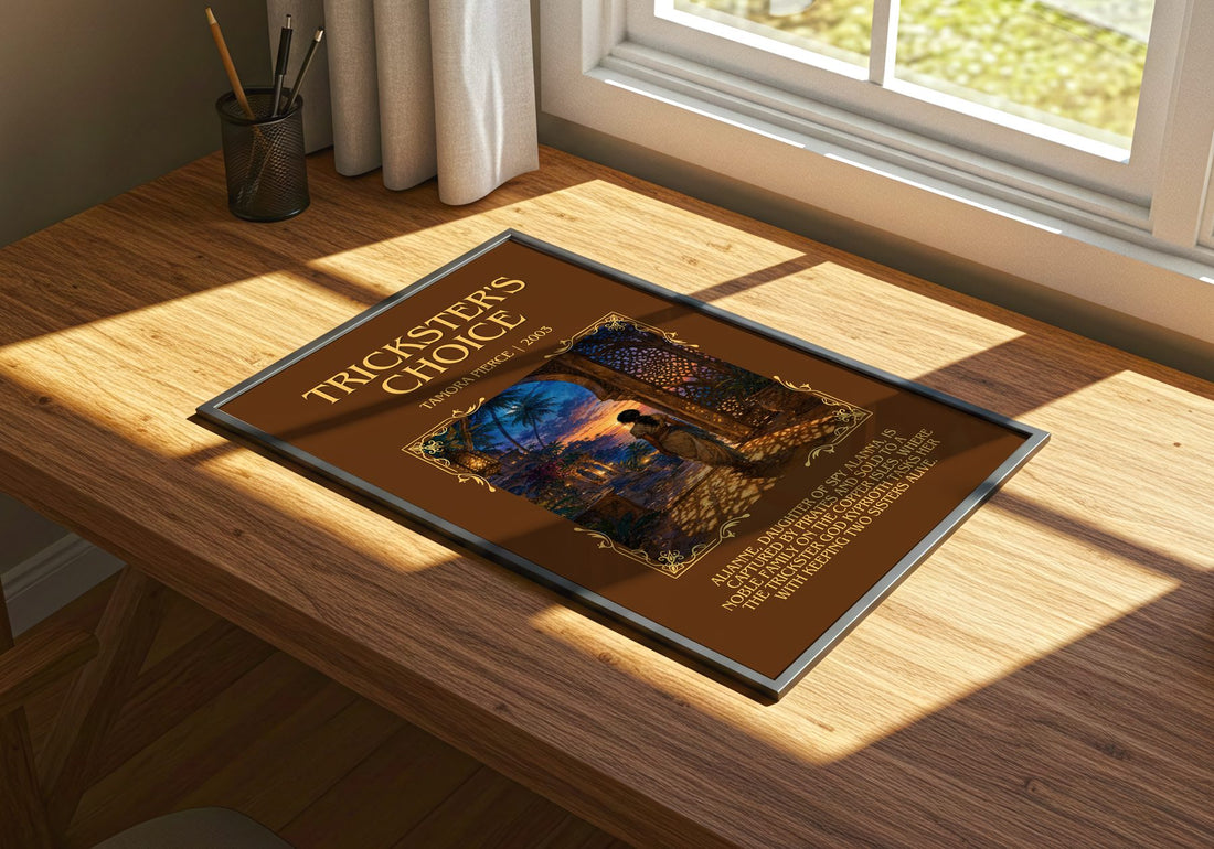 Trickster's Choice Minimalist Book Poster by Tamora Pierce – print on a sunlit desk