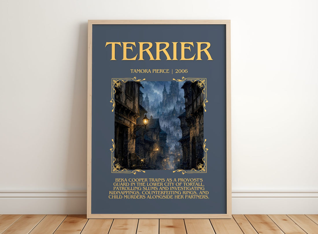 Terrier Minimalist Book Poster by Tamora Pierce – framed print leaning on a wooden floor