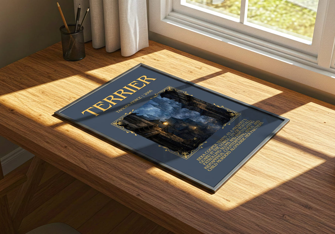 Terrier Minimalist Book Poster by Tamora Pierce – print on a sunlit desk