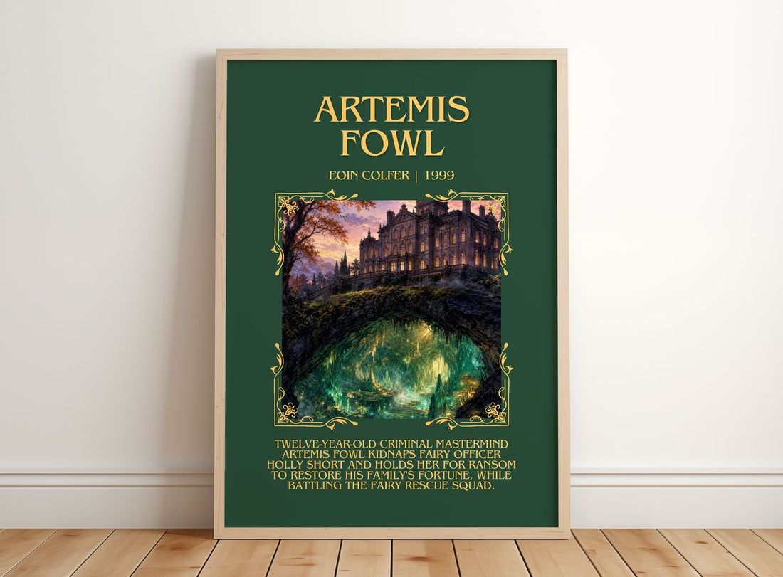 Artemis Fowl Minimalist Book Poster by Eoin Colfer – framed print leaning on a wooden floor