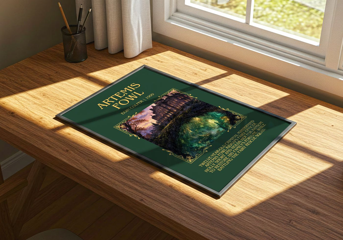 Artemis Fowl Minimalist Book Poster by Eoin Colfer – print on a sunlit desk