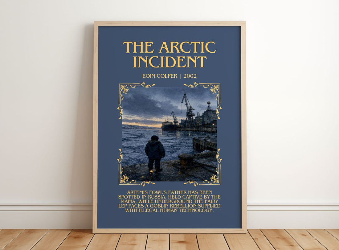 The Arctic Incident Minimalist Book Poster by Eoin Colfer – framed print leaning on a wooden floor