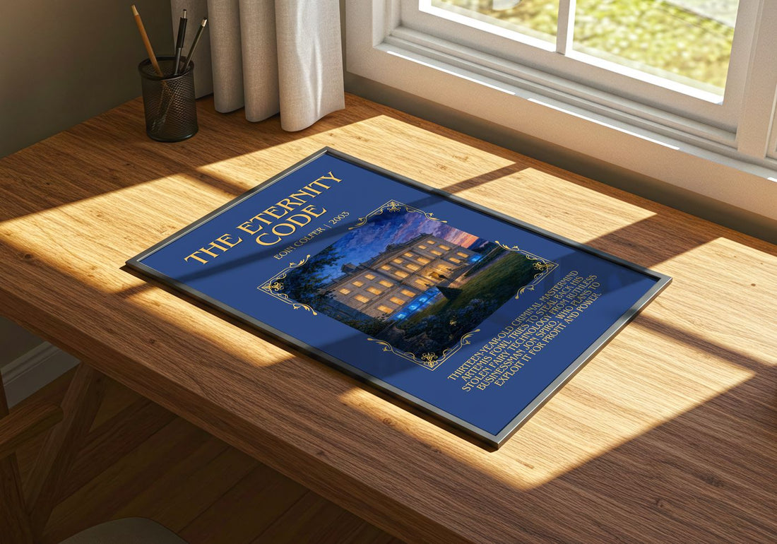 The Eternity Code Minimalist Book Poster by Eoin Colfer – print on a sunlit desk