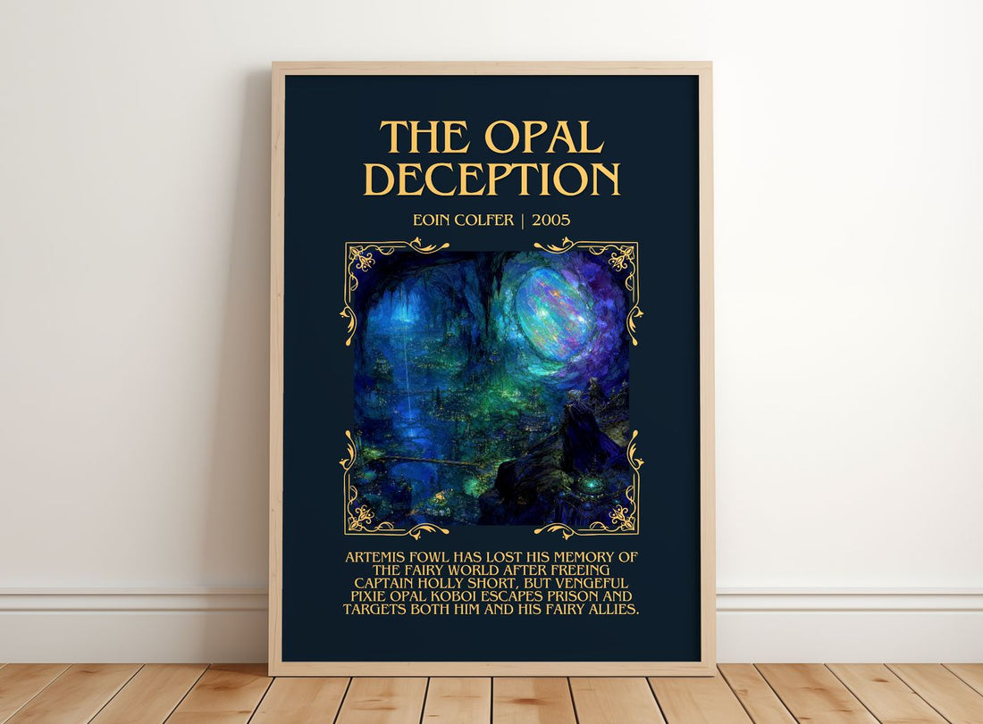 The Opal Deception Minimalist Book Poster by Eoin Colfer – framed print leaning on a wooden floor
