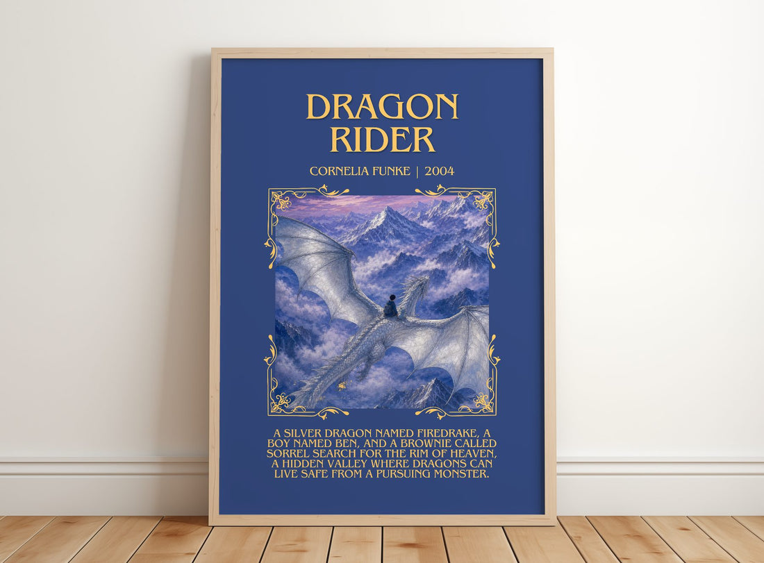 Dragon Rider Minimalist Book Poster by Cornelia Funke – framed print leaning on a wooden floor