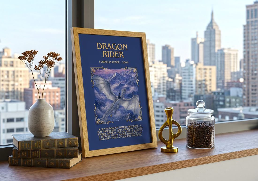 Dragon Rider Minimalist Book Poster by Cornelia Funke – framed print on a city-view windowsill