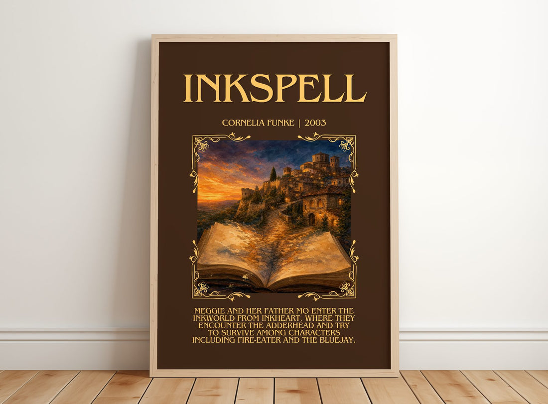 Inkspell Minimalist Book Poster by Cornelia Funke – framed print leaning on a wooden floor