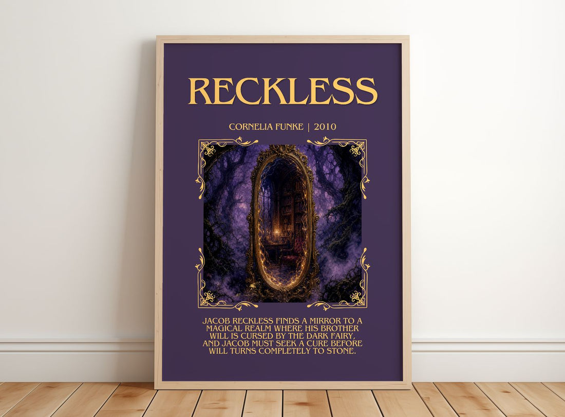 Reckless Minimalist Book Poster by Cornelia Funke – framed print leaning on a wooden floor