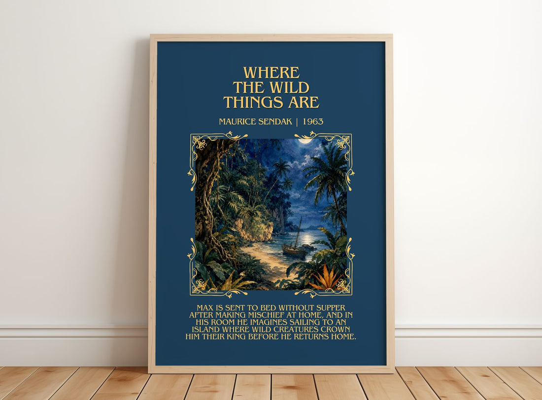 Where the Wild Things Are Minimalist Book Poster by Maurice Sendak – framed print leaning on a wooden floor