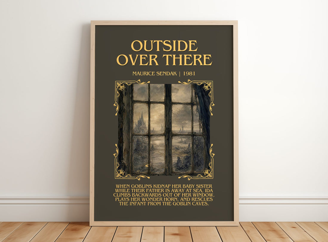 Outside Over There Minimalist Book Poster by Maurice Sendak – framed print leaning on a wooden floor