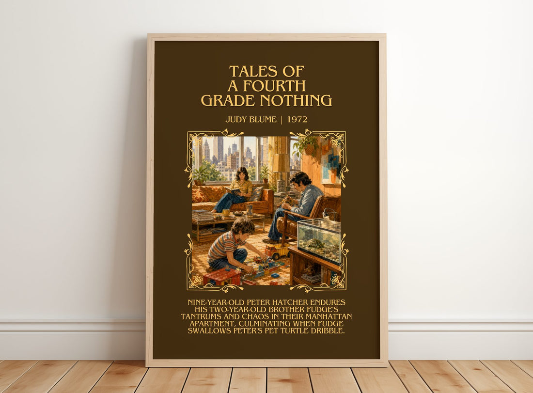 Tales of a Fourth Grade Nothing Minimalist Book Poster by Judy Blume – framed print leaning on a wooden floor