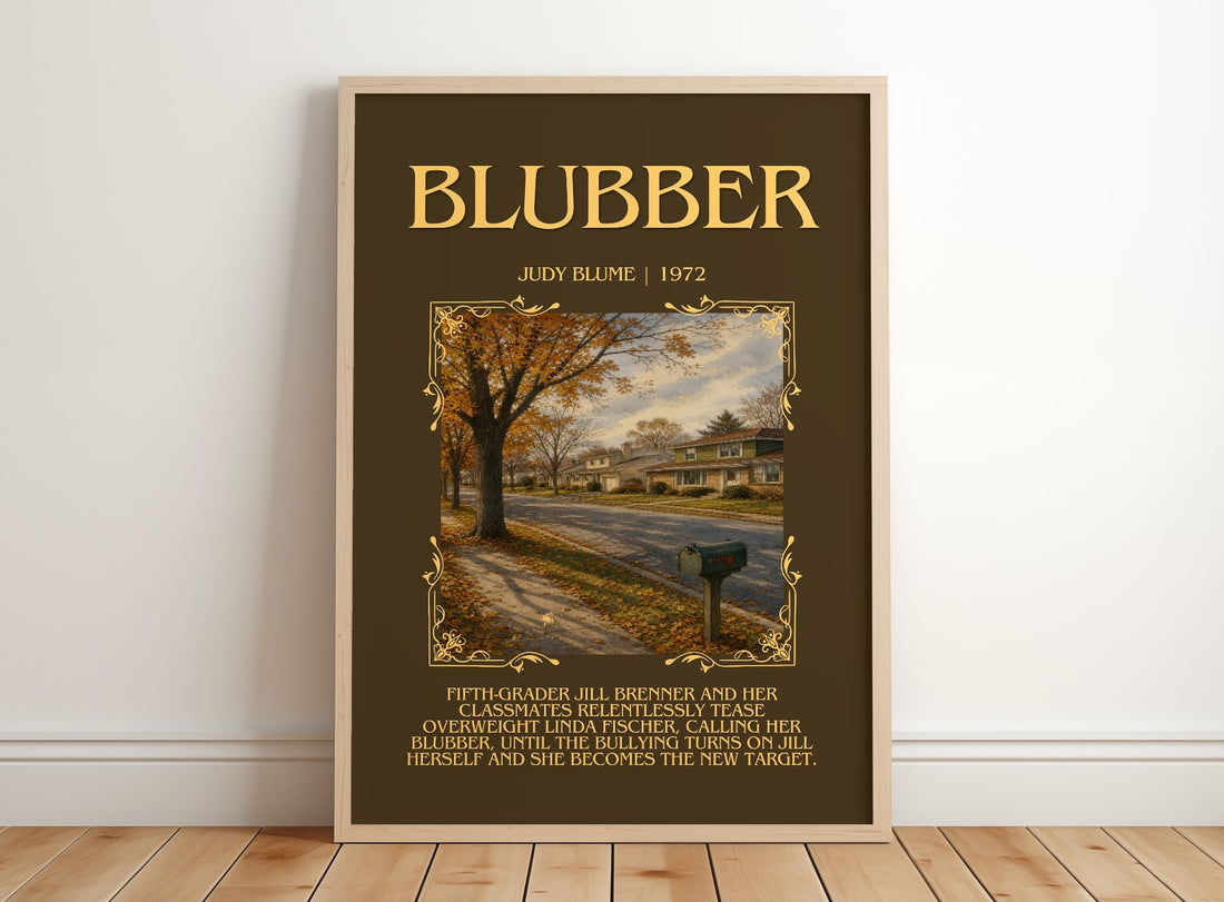 Blubber Minimalist Book Poster by Judy Blume – framed print leaning on a wooden floor