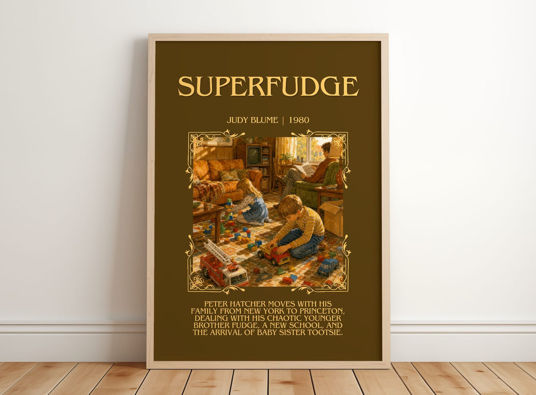 Superfudge Minimalist Book Poster by Judy Blume – framed print leaning on a wooden floor