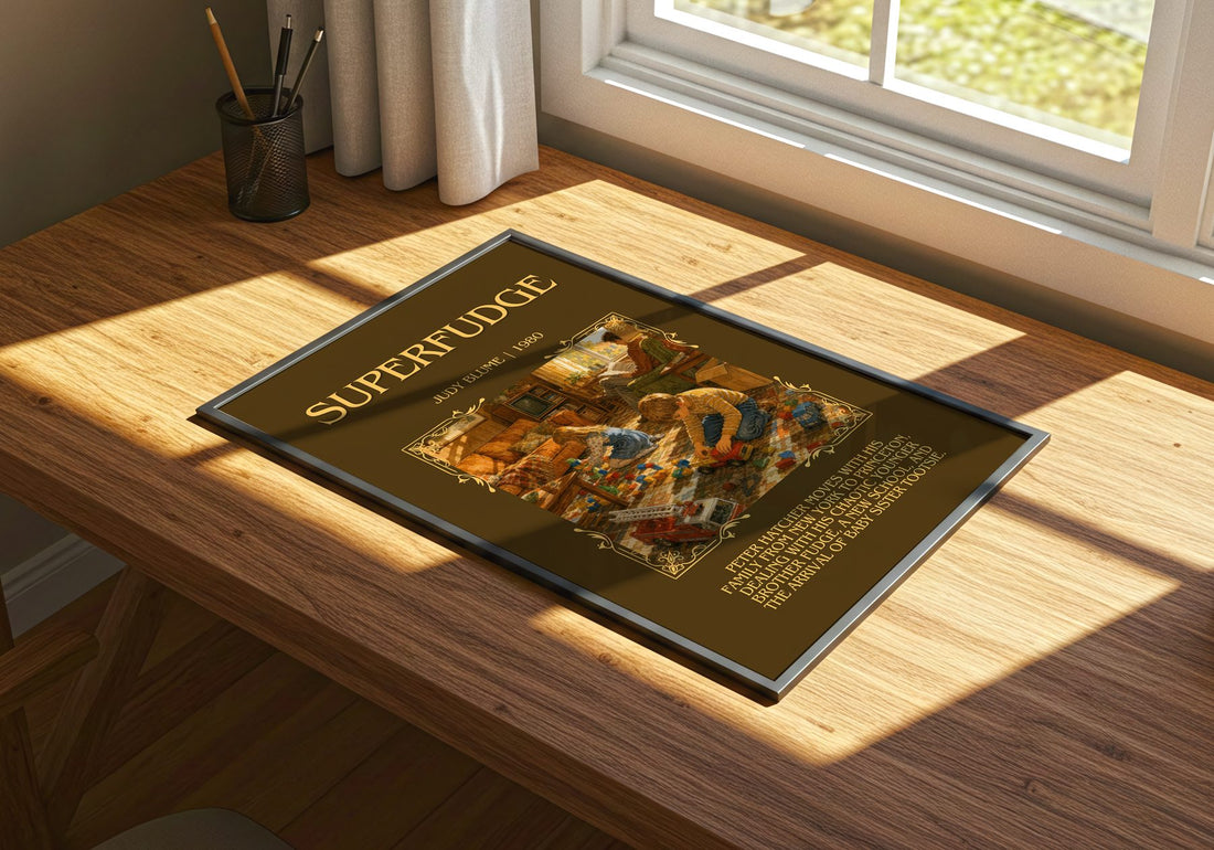 Superfudge Minimalist Book Poster by Judy Blume – print on a sunlit desk