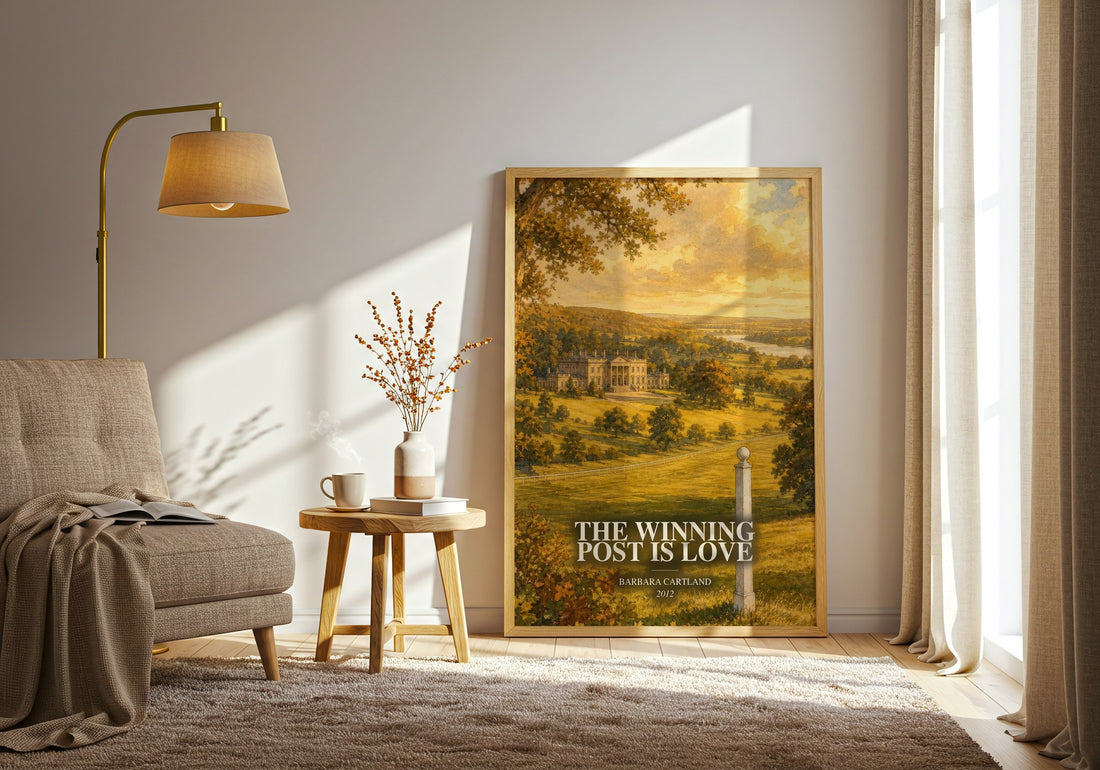 The Winning Post Is Love watercolour print in frame leaning in hallway – romance wall art (mockup)