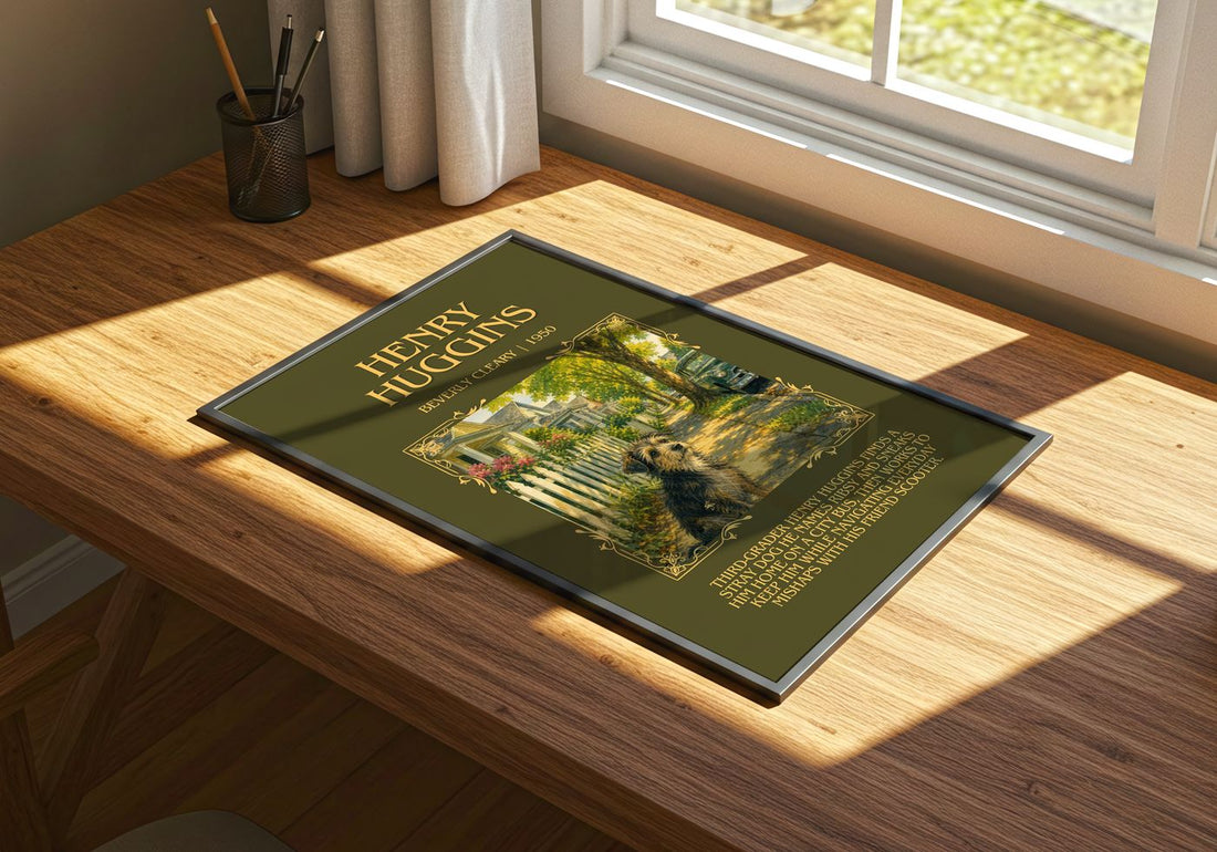 Henry Huggins Minimalist Book Poster by Beverly Cleary – print on a sunlit desk