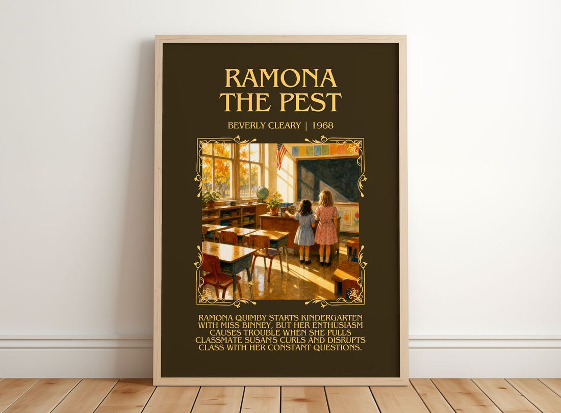 Ramona the Pest Minimalist Book Poster by Beverly Cleary – framed print leaning on a wooden floor