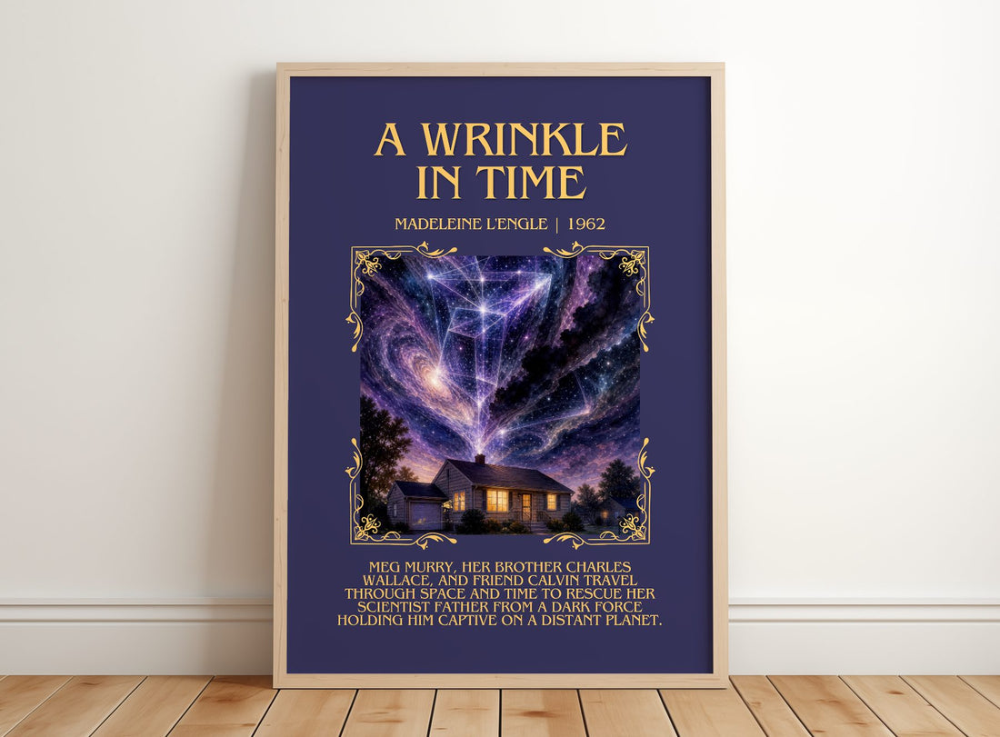 A Wrinkle in Time Minimalist Book Poster by Madeleine L'Engle – framed print leaning on a wooden floor