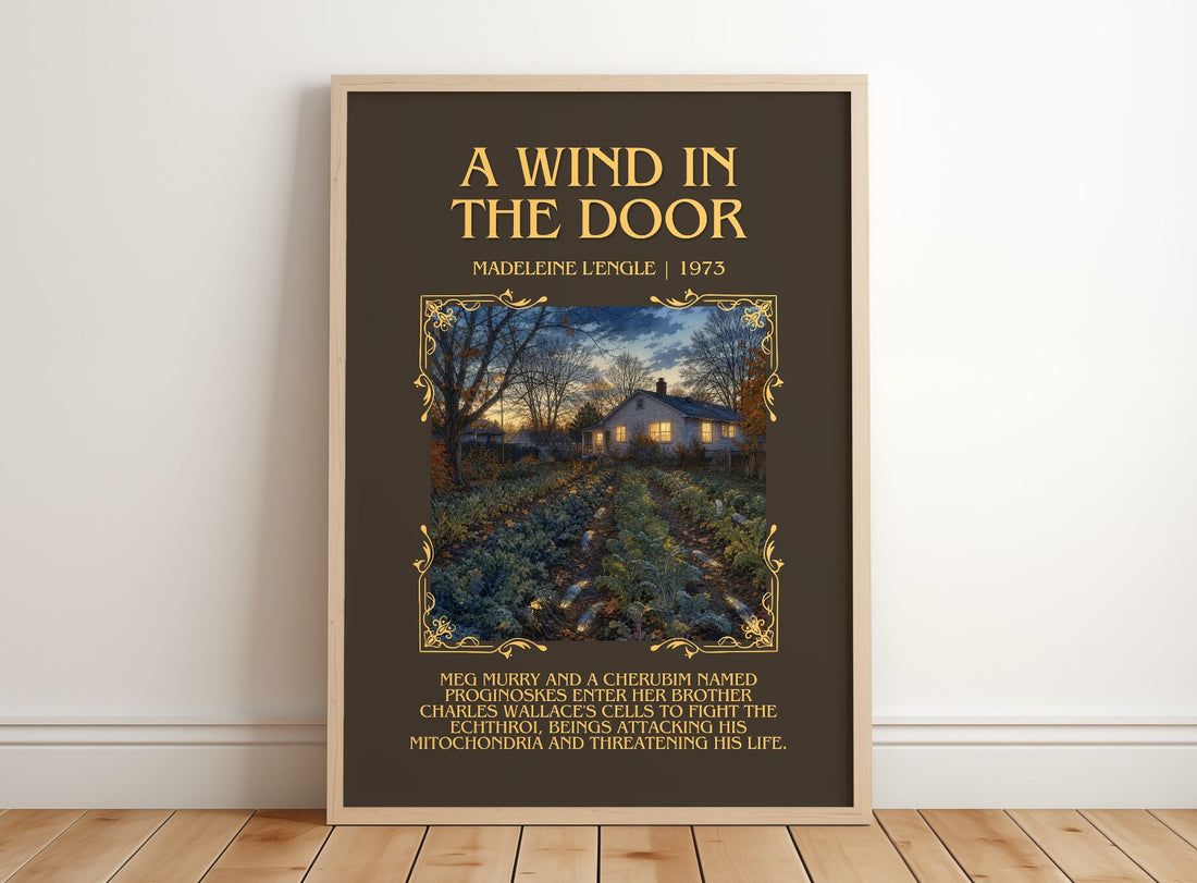 A Wind in the Door Minimalist Book Poster by Madeleine L'Engle – framed print leaning on a wooden floor